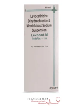 Levocad M Syrup 60ml bottle - Levocetirizine Hydrochloride and Montelukast Sodium syrup for allergy relief by Rizochem Pharmaceuticals.