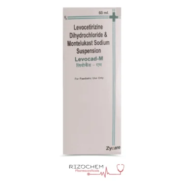 Levocad M Syrup 60ml bottle - Levocetirizine Hydrochloride and Montelukast Sodium syrup for allergy relief by Rizochem Pharmaceuticals.