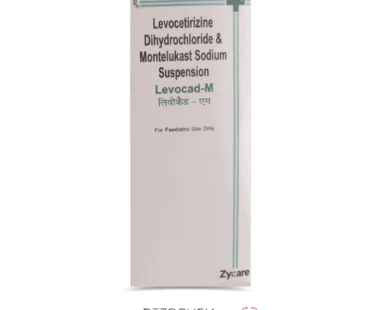 Levocad M Syrup 60ml bottle - Levocetirizine Hydrochloride and Montelukast Sodium syrup for allergy relief by Rizochem Pharmaceuticals.