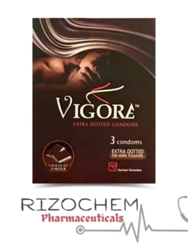 Vigore Condom (Chocolate Flavour) from Rizochem Pharmaceuticals: Premium latex condom with chocolate flavor for enhanced pleasure and protection.