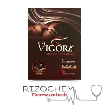 Vigore Condom (Chocolate Flavour) from Rizochem Pharmaceuticals: Premium latex condom with chocolate flavor for enhanced pleasure and protection.