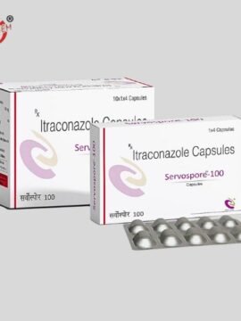 Servospore 100 Capsule: Medication containing Itraconazole. Antifungal agent used to treat various fungal infections. Alt text: White tablet in blister pack.