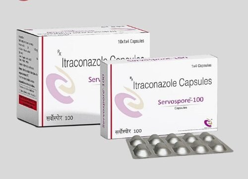 Servospore 100 Capsule: Medication containing Itraconazole. Antifungal agent used to treat various fungal infections. Alt text: White tablet in blister pack.