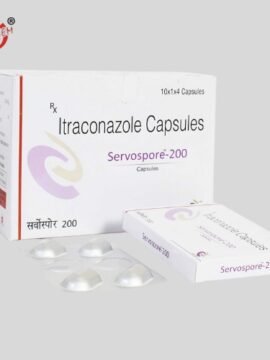 Servospore 200 Capsule: Medication containing Itraconazole. Antifungal agent used to treat various fungal infections. Alt text: White tablet in blister pack.