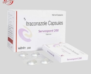 Servospore 200 Capsule: Medication containing Itraconazole. Antifungal agent used to treat various fungal infections. Alt text: White tablet in blister pack.