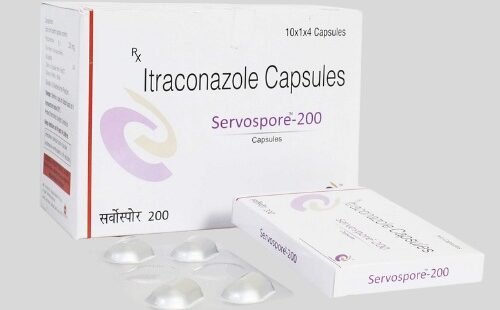Servospore 200 Capsule: Medication containing Itraconazole. Antifungal agent used to treat various fungal infections. Alt text: White tablet in blister pack.