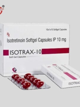 Isotretinoin 10mg Softgel Capsule: Medication for acne treatment, containing 10mg of isotretinoin in a softgel form.