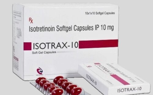 Isotretinoin 10mg Softgel Capsule: Medication for acne treatment, containing 10mg of isotretinoin in a softgel form.