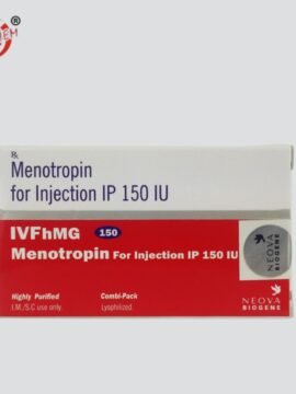 IVFhMG 150IU Injection: medication vial with needle, representing fertility treatment.