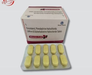 Woxnim Cold Tablet: A blister pack of cold relief medication against a blue background