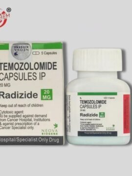 Radizide 20mg Capsules: A close-up image of a bottle labeled 'Radizide 20mg Capsules' with the pills inside.
