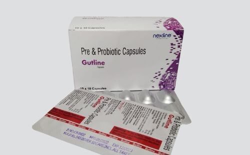 Image of Gutline Pre & Probiotic capsules: A bottle containing capsules labeled 'Gutline Pre & Probiotic' against a backdrop of fresh fruits and vegetables, symbolizing digestive health.