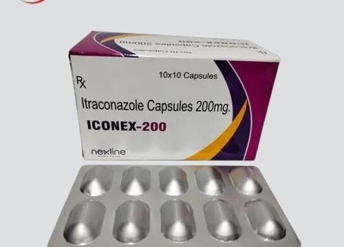 Iconex 200 Capsule: A white and blue capsule with 'Iconex 200' printed on it.