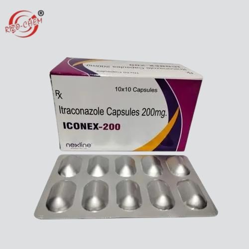 Iconex 200 Capsule: A white and blue capsule with 'Iconex 200' printed on it.