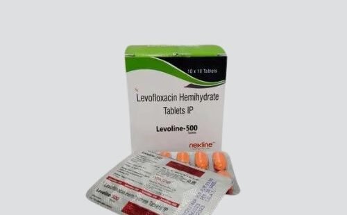 Levoline 500mg Tablet - white pill with blue text on a reflective surface