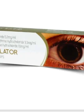 Close-up of Dylator Eye Drops bottle, used for eye care, offered by Rizochem Pharmaceuticals Wholesaler & Exporter. High-quality ophthalmic solution for treating various eye conditions.
