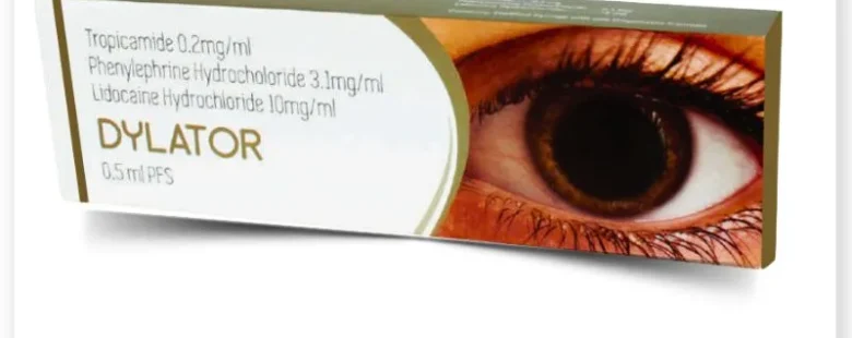 Close-up of Dylator Eye Drops bottle, used for eye care, offered by Rizochem Pharmaceuticals Wholesaler & Exporter. High-quality ophthalmic solution for treating various eye conditions.