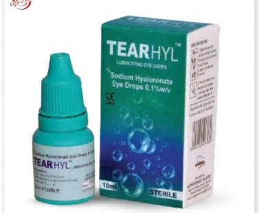 Clear bottle of Sodium Hyaluronate Eye Drops by Rizochem Pharmaceuticals, used for relieving dry eyes and eye lubrication.