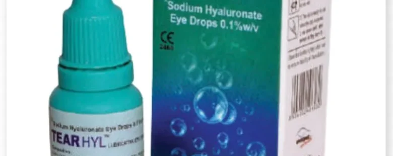 Clear bottle of Sodium Hyaluronate Eye Drops by Rizochem Pharmaceuticals, used for relieving dry eyes and eye lubrication.