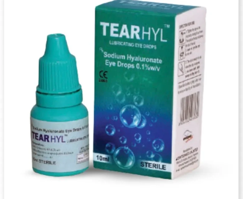 Clear bottle of Sodium Hyaluronate Eye Drops by Rizochem Pharmaceuticals, used for relieving dry eyes and eye lubrication.