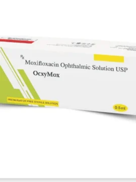 OcxyMox Moxifloxacin Ophthalmic Solution - A clear, sterile eye drop solution for treating bacterial infections in the eyes, packaged in a convenient bottle with a dropper for easy application. Ideal for soothing eye irritation and promoting ocular health