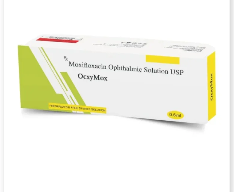 OcxyMox Moxifloxacin Ophthalmic Solution - A clear, sterile eye drop solution for treating bacterial infections in the eyes, packaged in a convenient bottle with a dropper for easy application. Ideal for soothing eye irritation and promoting ocular health