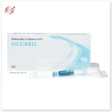 Brilliant Blue G Solution 0.05% vial, sterile blue dye for ophthalmic surgical use, offered by Rizochem Pharmaceuticals Wholesaler & Exporter.