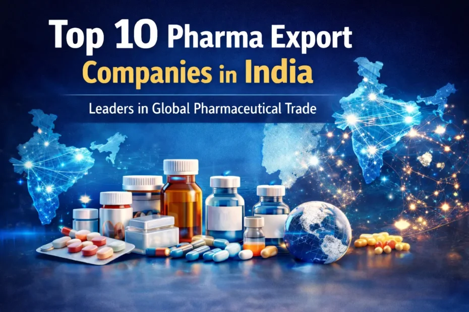 Top 10 pharma export companies in India showing global pharmaceutical trade, APIs, medicines, and India’s export network led by Rizochem