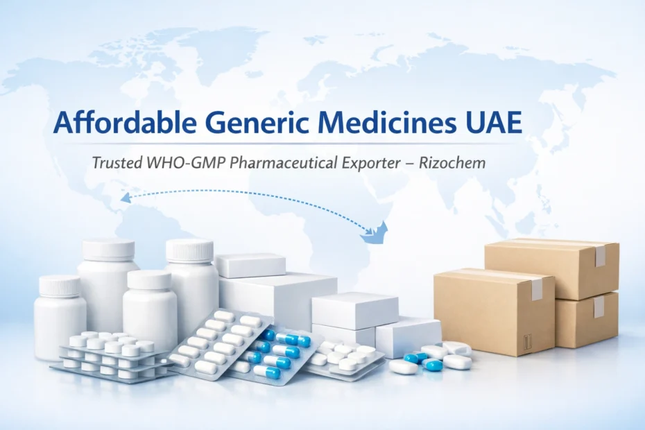 Affordable generic medicines UAE supplied by Rizochem – WHO-GMP certified pharmaceutical exporter from India offering bulk supply, API export and contract manufacturing for UAE distributors.