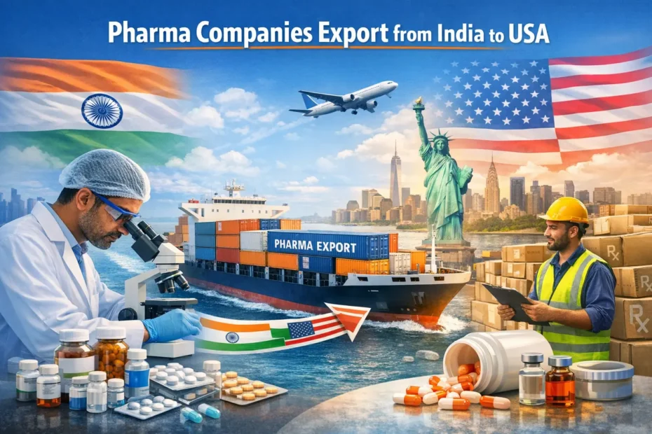 Pharma companies export from India to USA showing pharmaceutical shipments, Indian drug manufacturers, and medicine exports to the US