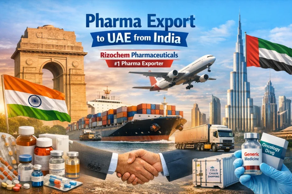 Pharma export to UAE from India by Rizochem Pharmaceuticals showing medicine export logistics, generic medicines, oncology drugs and cold chain shipping to Dubai.