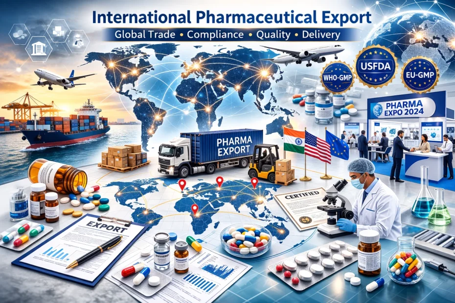 International pharmaceutical exporter managing global pharma exports by country with India leading pharmaceutical export operations and international pharma exhibition participation