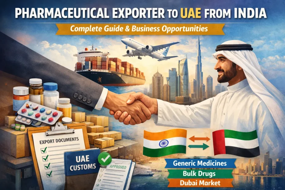 Pharmaceutical exporter to UAE from India supplying generic medicines, bulk drugs, and pharma products from India to Dubai market with UAE import compliance documentation.