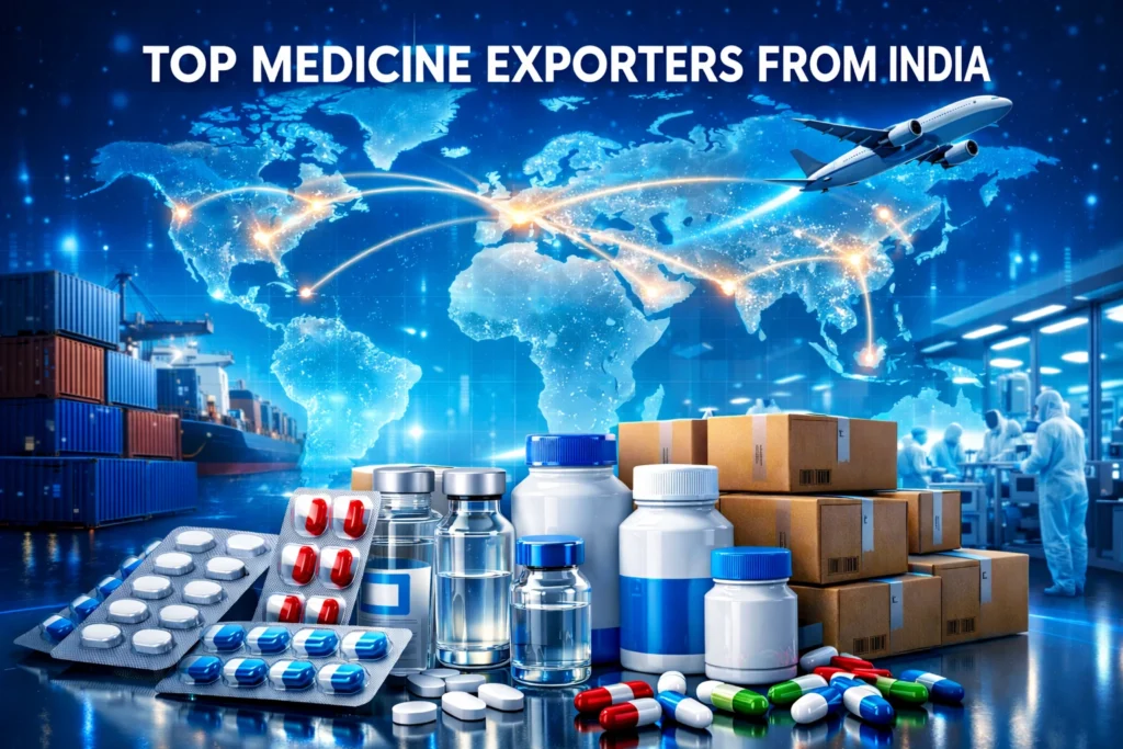 Top medicine exporters from India showcasing generic pharmaceutical products, tablets, capsules, export-ready packaging, and global pharma trade map.