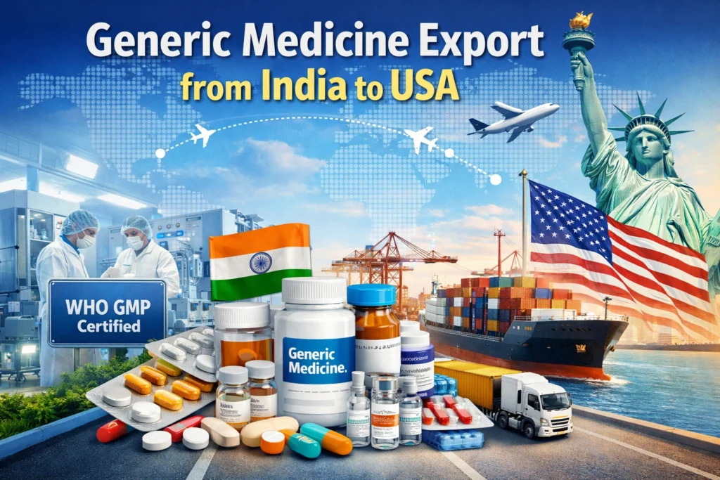 Generic medicine export from India to USA showing pharmaceutical products, WHO GMP certified manufacturing facility and global export routes