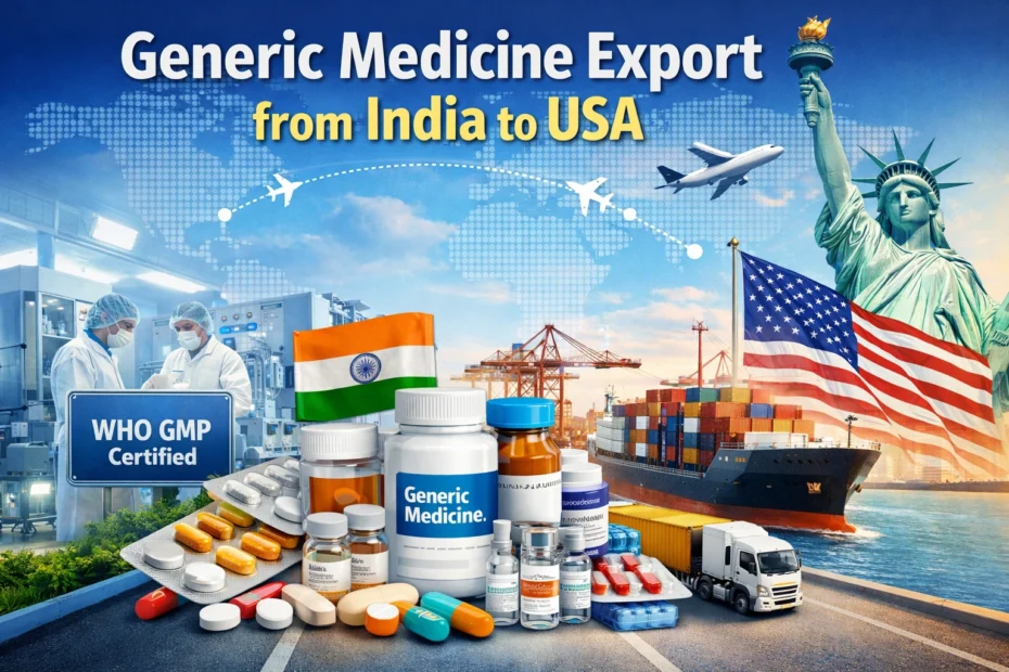 Generic medicine export from India to USA showing pharmaceutical products, WHO GMP certified manufacturing facility and global export routes