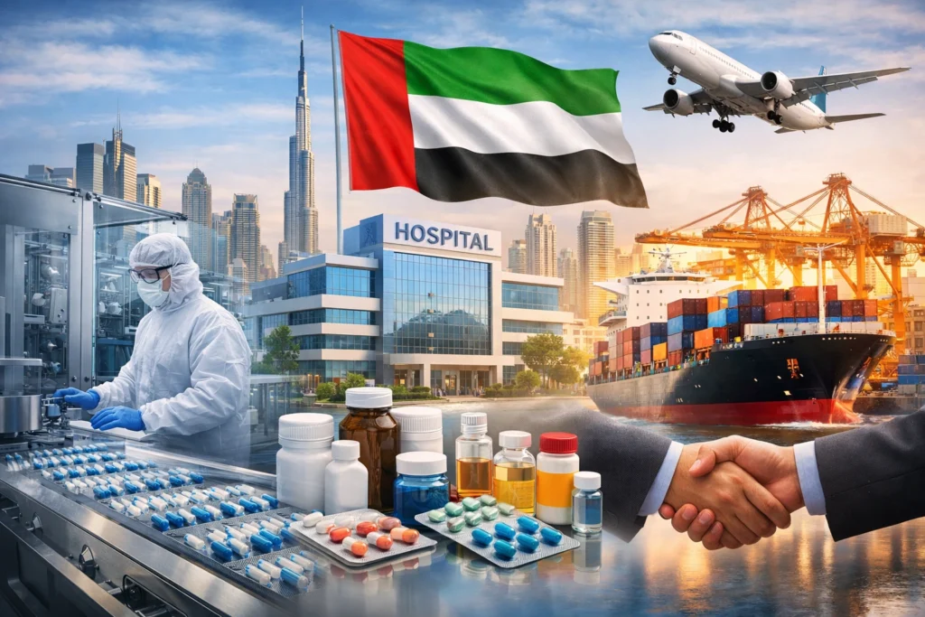 Pharmaceutical industry in UAE showing modern healthcare infrastructure, pharma manufacturing, medicine distribution, and global export connections from Dubai