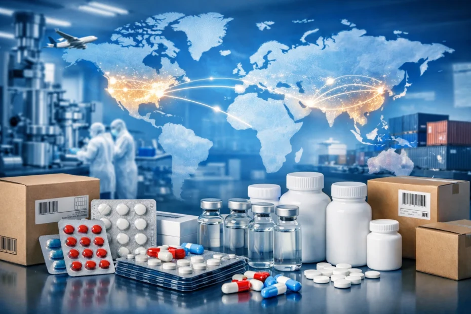 pharmaceutical exporter India to USA showing generic medicines packaging export logistics FDA compliance and global pharma supply chain