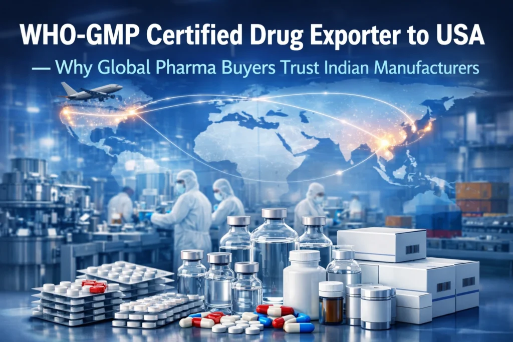 WHO-GMP certified pharmaceutical manufacturing and export from India to USA with modern facility, medicines, and global supply chain visualization