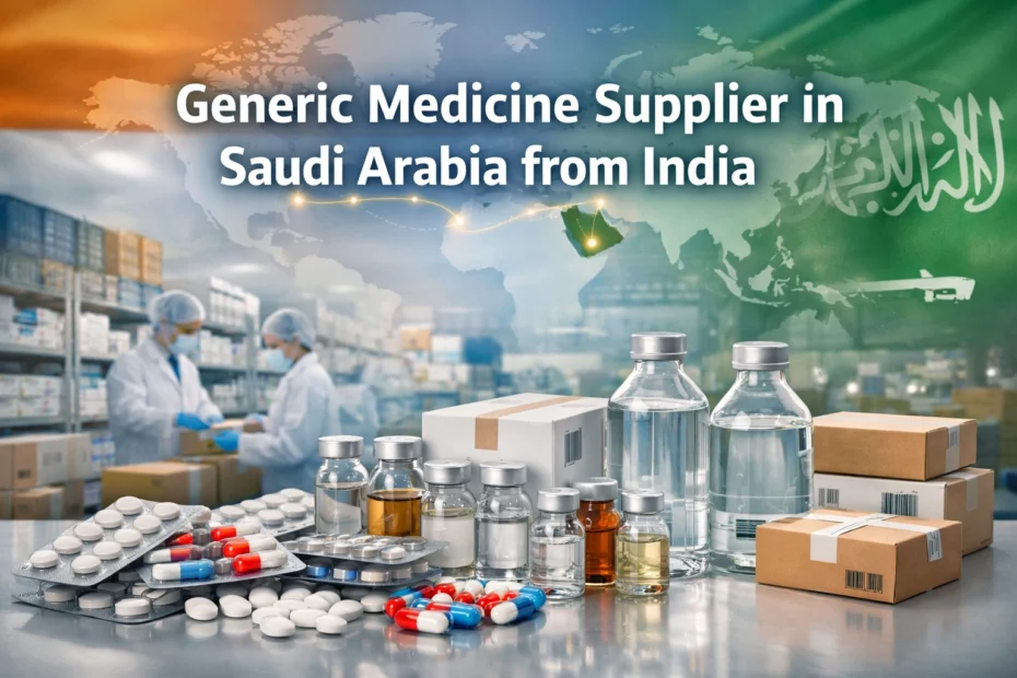 generic medicine supplier in Saudi Arabia from India showing pharma export products, tablets, capsules, vials and packaging for bulk distribution