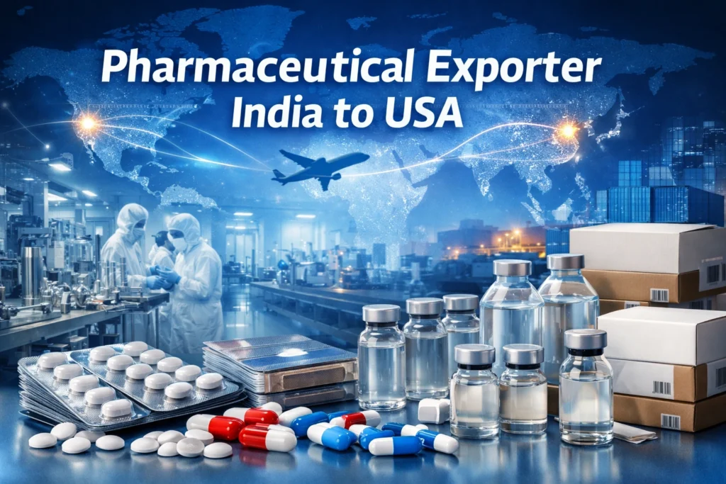 Pharmaceutical exporter India to USA showing medicine export, WHO-GMP manufacturing facility, and global supply chain connection