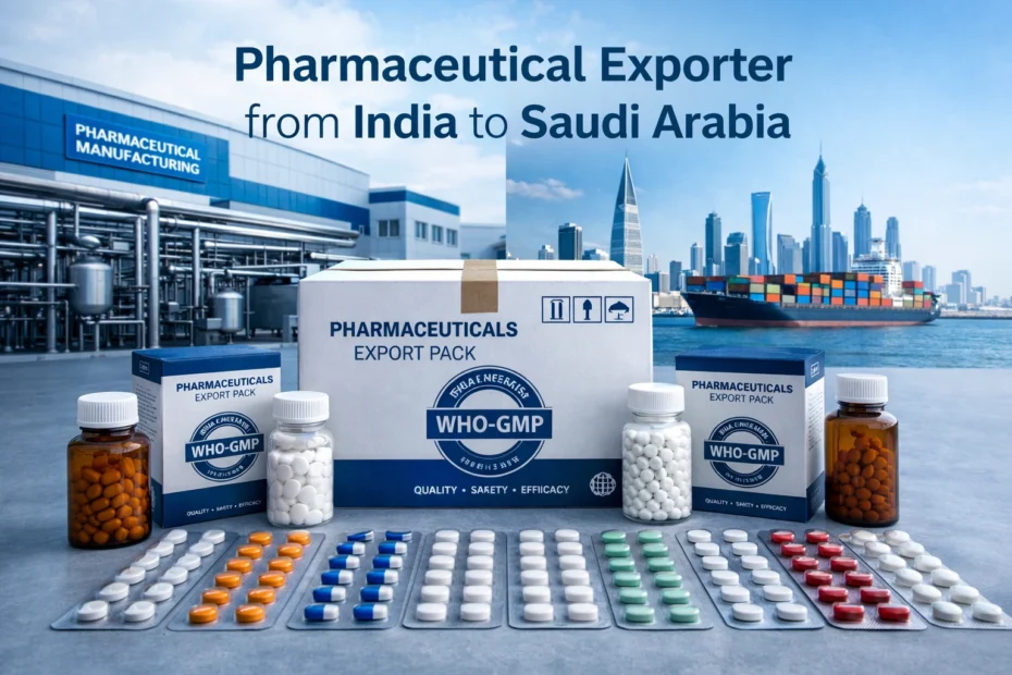 Pharmaceutical exporter India to Saudi Arabia — Indian medicine packaging, WHO-GMP certified export crates, and KSA skyline supply chain visual