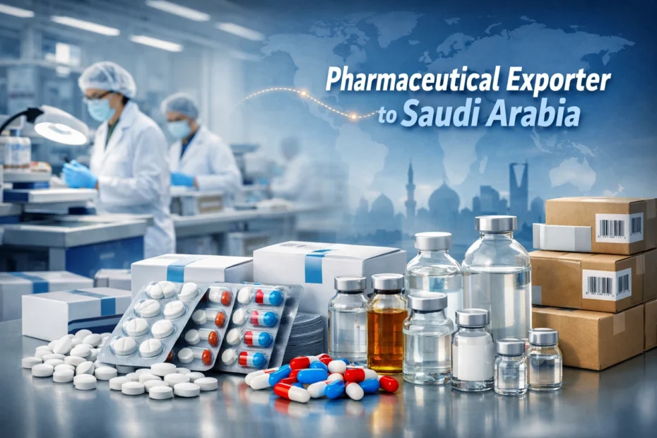 Pharmaceutical exporter to Saudi Arabia showcasing WHO-GMP certified medicines, tablets, capsules, injection vials, and export packaging for KSA market