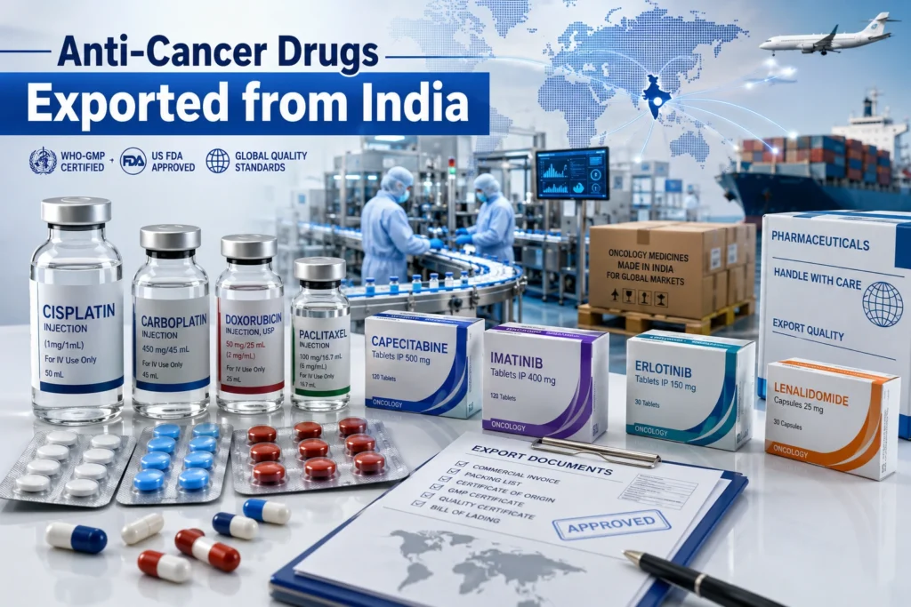 Anti-cancer drugs exported from India including oncology injections, chemotherapy medicines, capsules, and pharmaceutical export packaging.