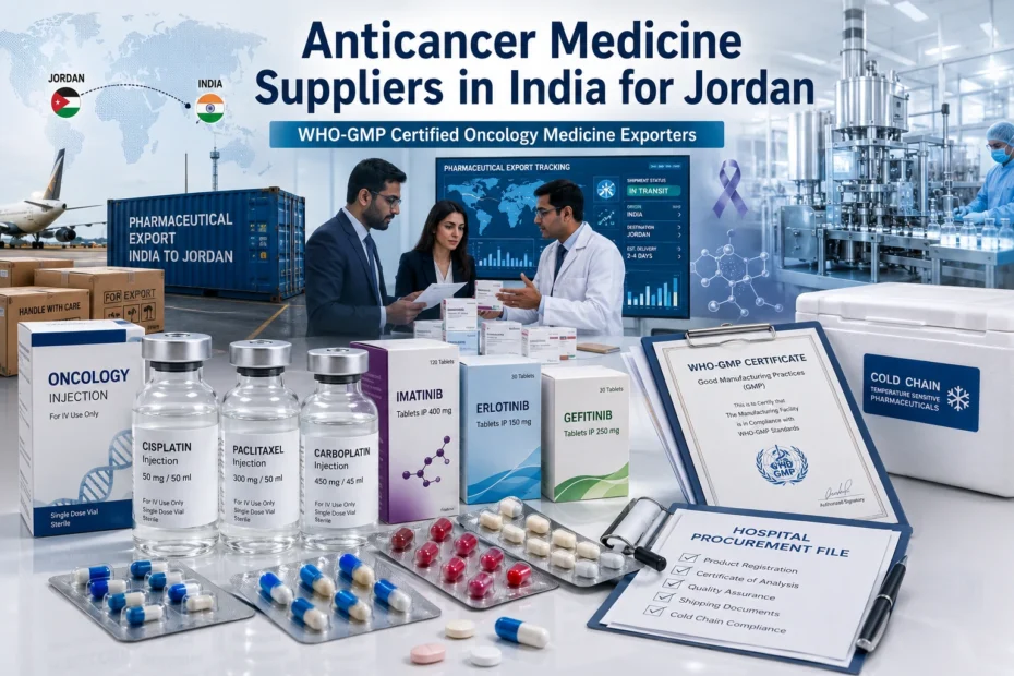 Anticancer Medicine Suppliers in India for Jordan exporting WHO-GMP certified oncology medicines, chemotherapy injections, targeted therapy drugs, and hospital pharmaceutical supplies