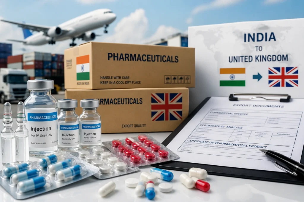 Importing medicines from India to UK showing pharmaceutical products, export packaging, and international shipping process