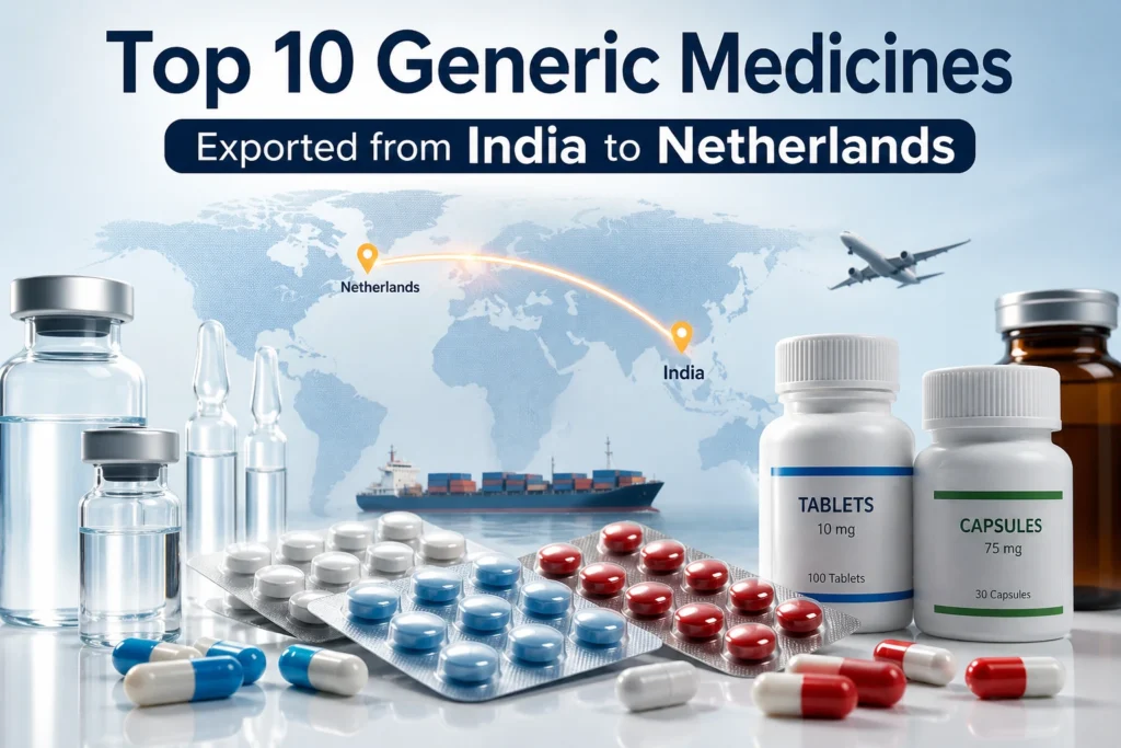 Top generic medicines exported from India to Netherlands including tablets, capsules, and pharmaceutical export products