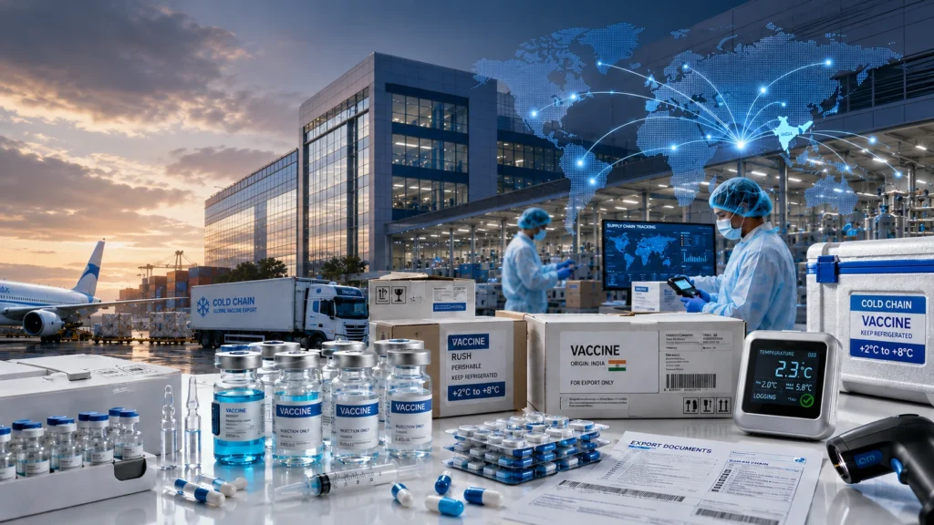 Vaccine exporter from India showing vaccine vials, cold chain logistics, pharmaceutical packaging, and global vaccine supply chain for international export.