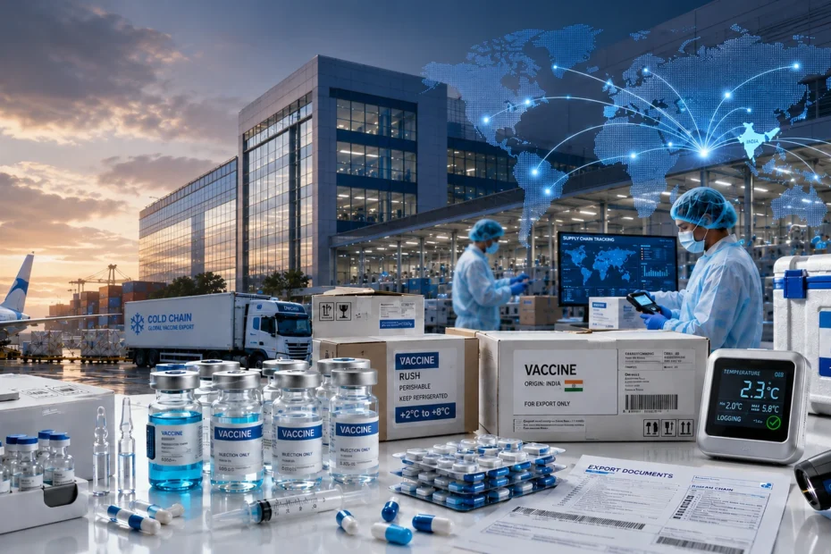 Vaccine exporter from India showing vaccine vials, cold chain logistics, pharmaceutical packaging, and global vaccine supply chain for international export.