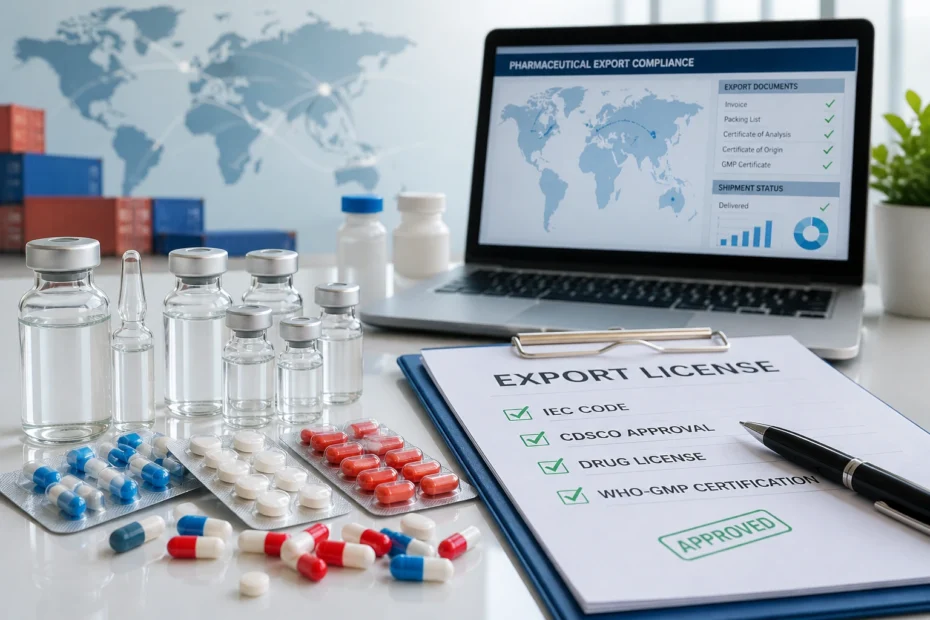 pharma export license India concept with drug packaging and global shipping elements